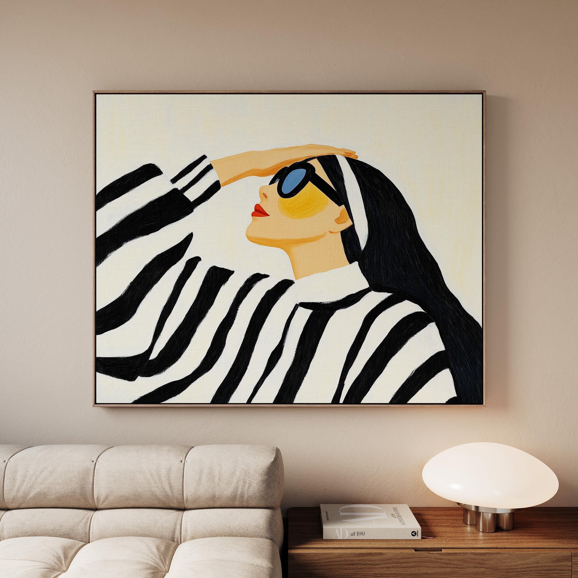 Stylish Woman in Striped Sweater Giclée Canvas Print Modern Fashion Wall Art for Living Room or Bedroom