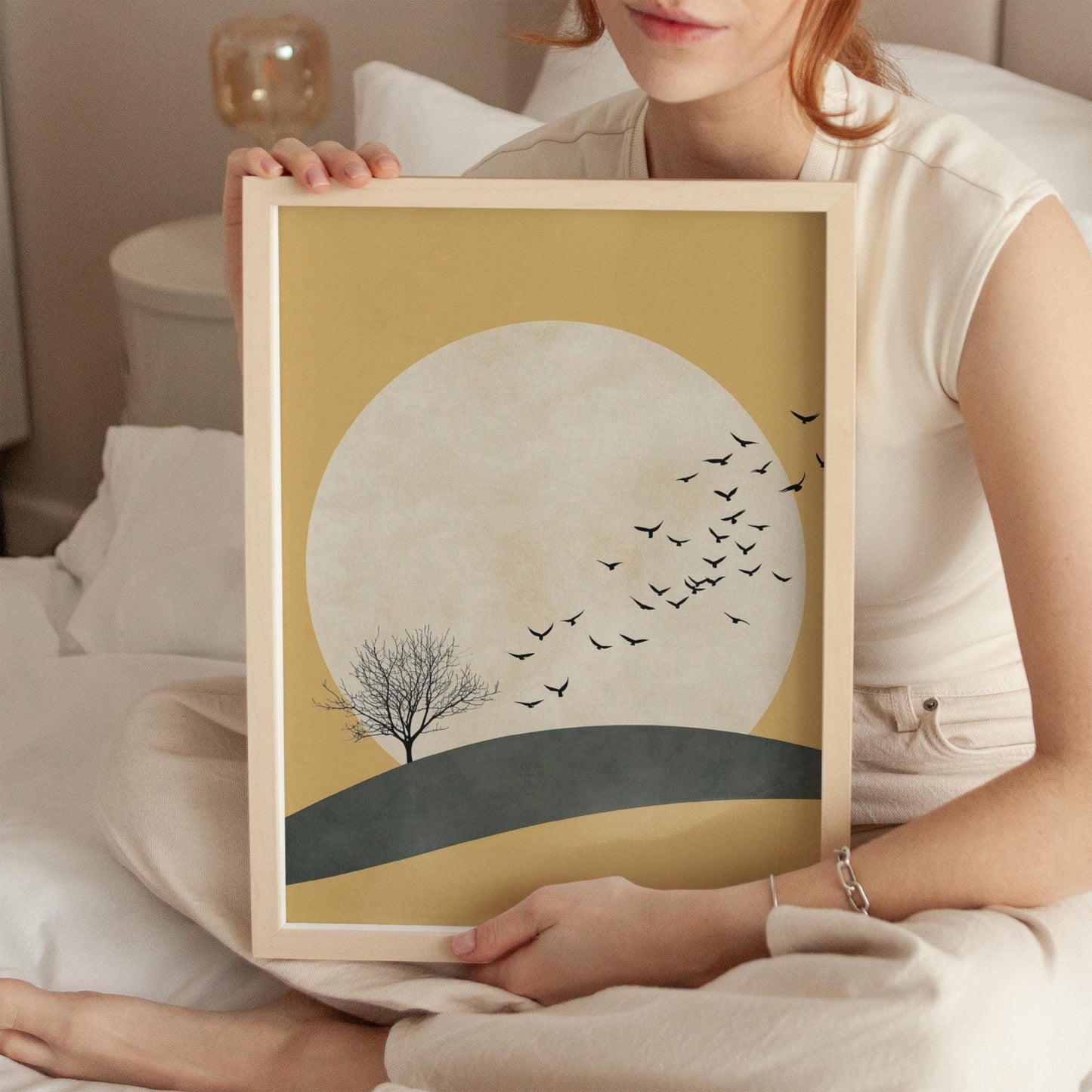 Japandi Wall Art | Yellow Sun Artwork With Flying Birds Canvas - Minimalist Decor