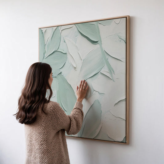 Square Neutral Sage Green Canvas Wall Art Textured Botanical Floating Frame Minimalist Large Wall Art for Bedroom