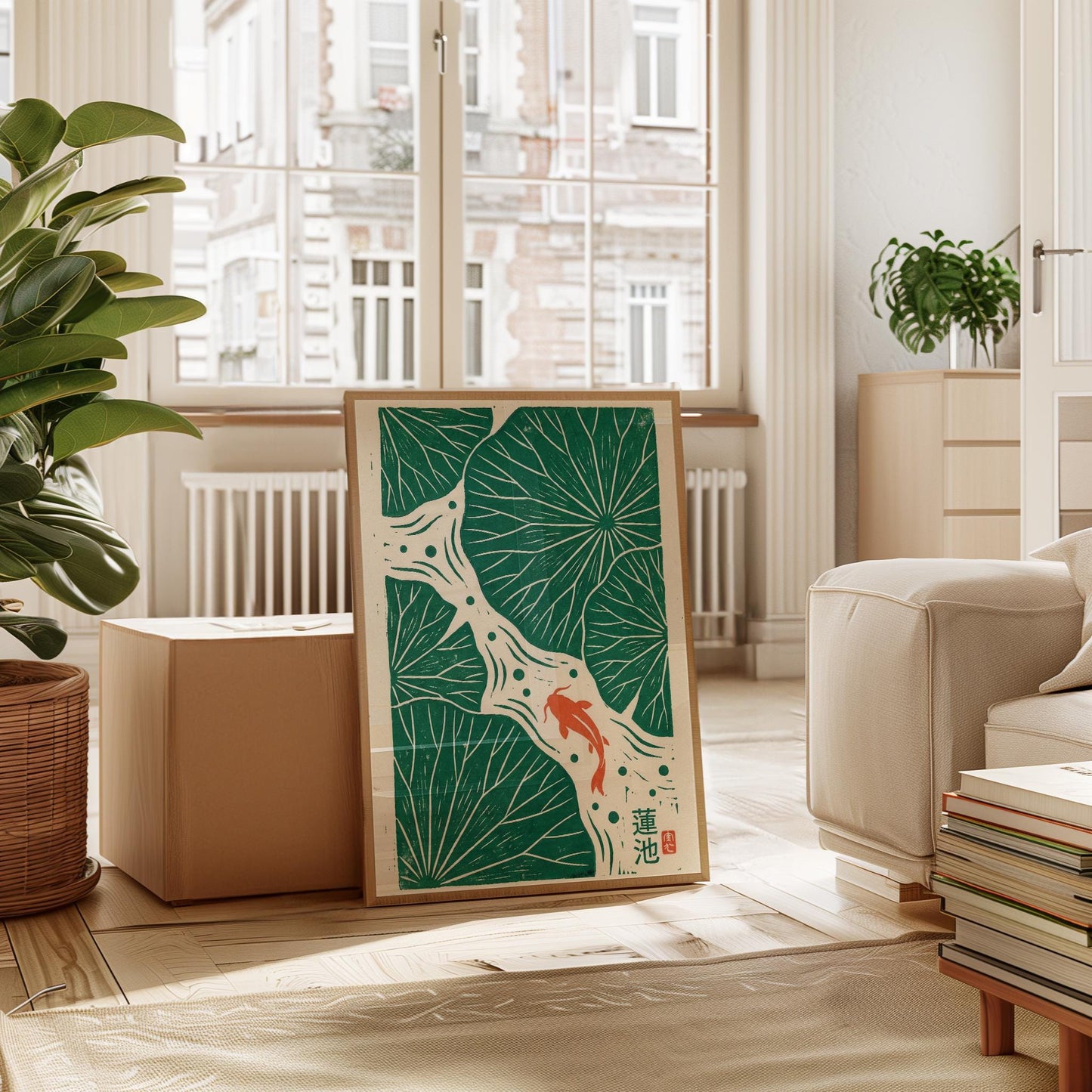 Koi Fish Print - Japanese Wall Art | Linocut Poster & Lotus Leaf Decor