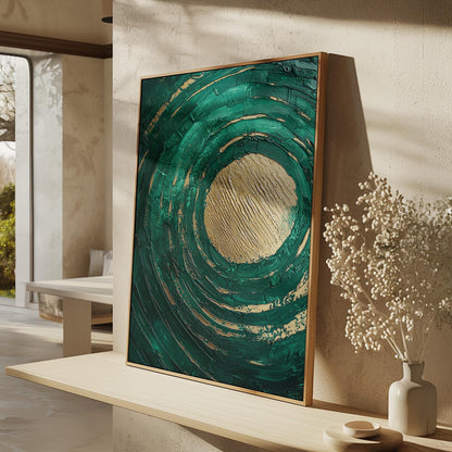 Emerald Green Textured Circle Giclée Canvas Print Modern Abstract Wall Art for Living Room or Bedroom