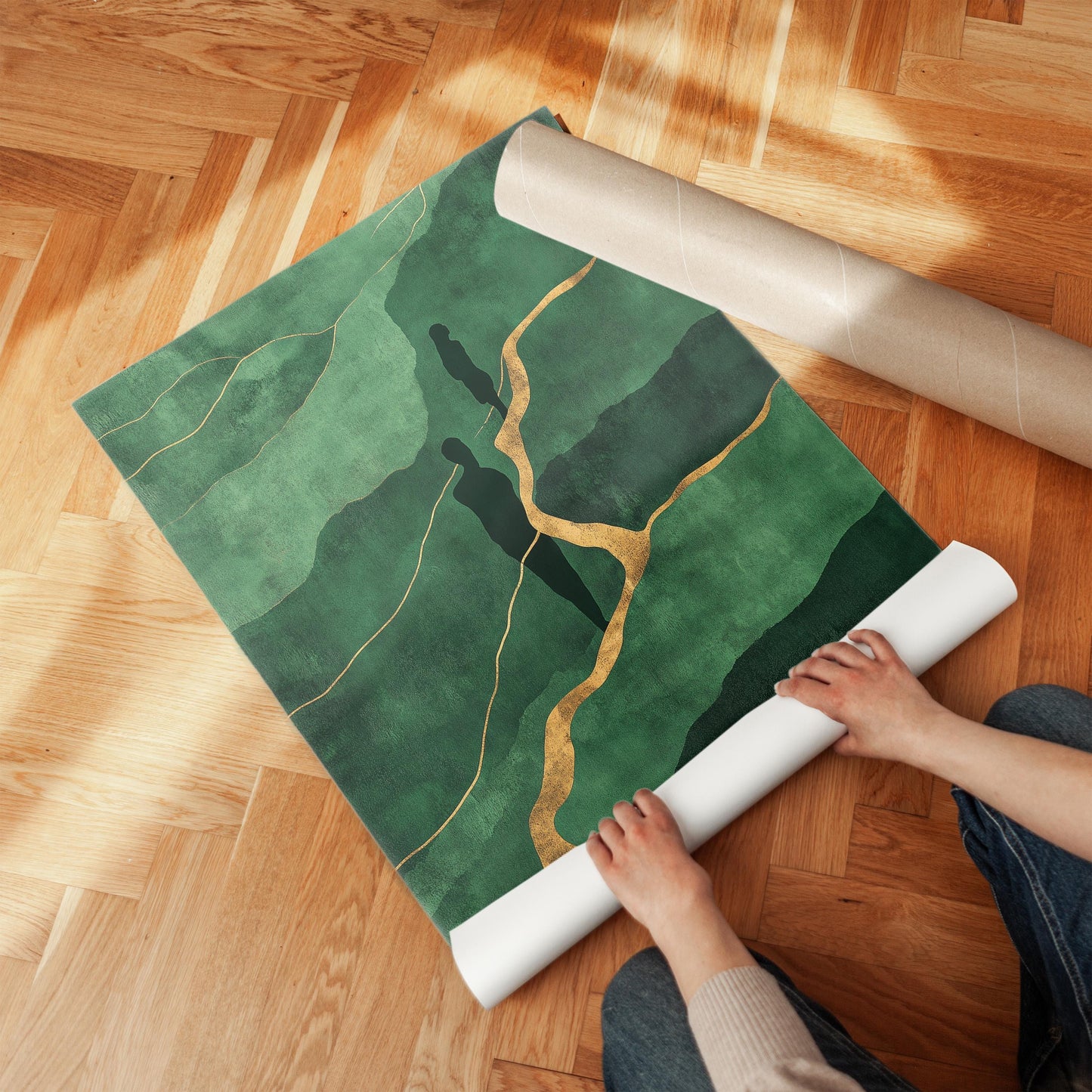 Emerald Green and Gold Canvas Wall Art with Silhouette Figures, Large Framed Painting for Living Room or Office Wall Decor