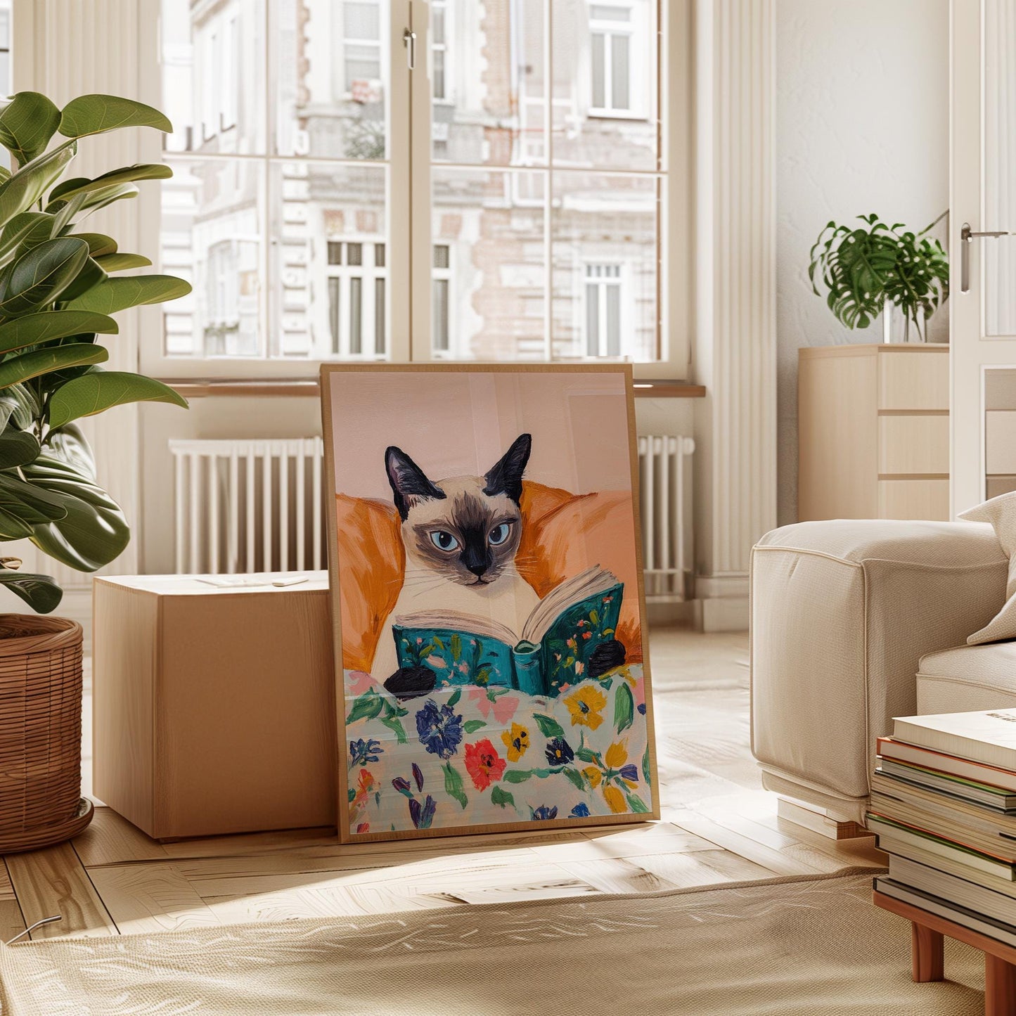 Cat Wall Art – Siamese Cat Print with Floral Reading Nook Decor, Cozy Home