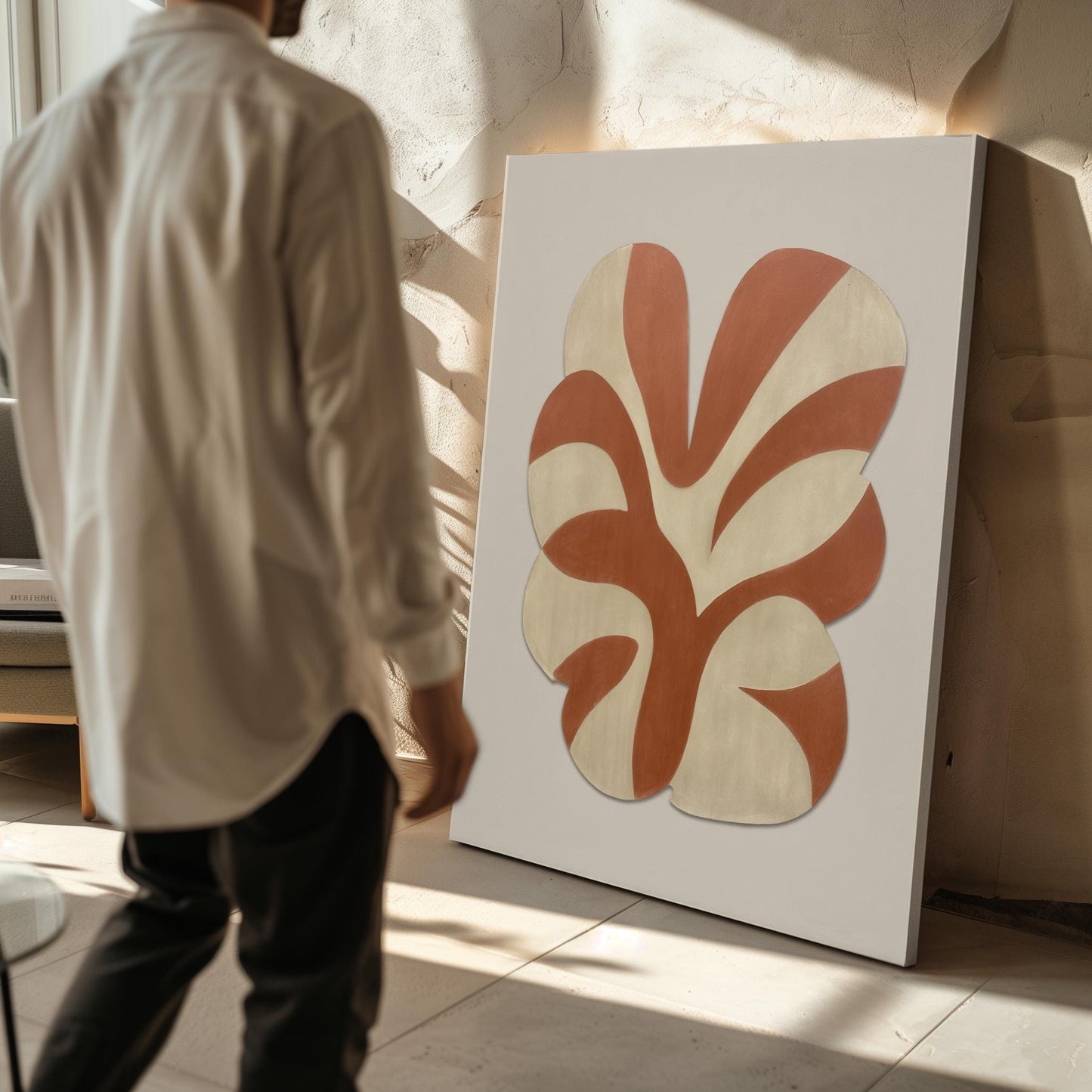 Terracotta Organic Leaf Giclée Canvas Print Modern Minimalist Wall Art in Earthy Beige and Clay Tones for Japandi or Boho Interiors