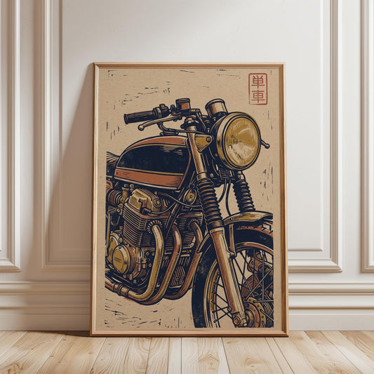 Motorcycle Wall Art – Vintage Bike Poster Retro Linocut Print for Garage Decor