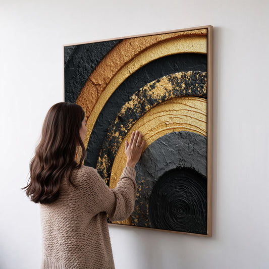 Square Black and Gold Canvas Wall Art Textured Abstract Concentric Circles Floating Frame Extra Large Wall Art