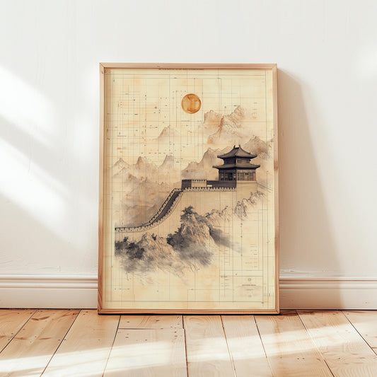 Vintage Wall Poster – Sepia Mountain Print With Asian Pagoda Art & Nostalgic Tones