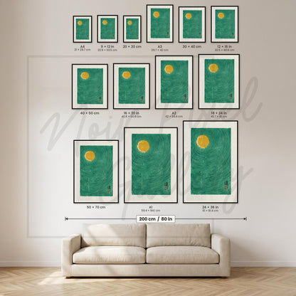 Teal Moon Art Print – Minimalist Japanese Poster with Birds and Zen Decor