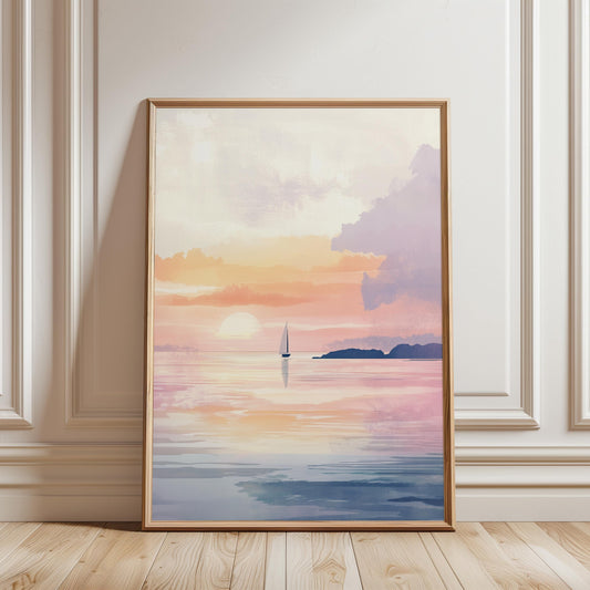 Sunset Sailboat Print – Pastel Seascape Art | Unframed Giclée Wall Decor