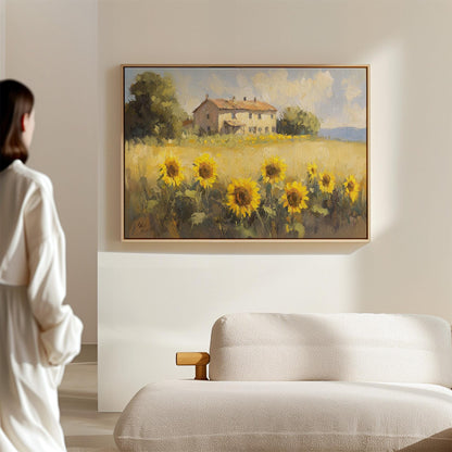 Sunflower Field Canvas Wall Art: Rustic Countryside Landscape Painting, Farmhouse Style Living Room or Kitchen Decor