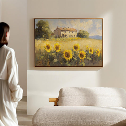 Sunflower Field Canvas Wall Art: Rustic Countryside Landscape Painting, Farmhouse Style Living Room or Kitchen Decor