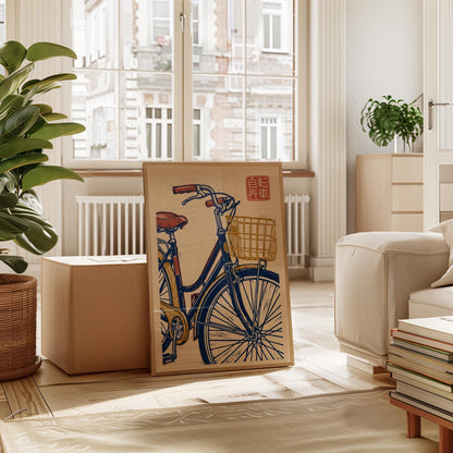 Retro Bicycle Print – Vintage Bike Art on Kraft Paper | Japanese Woodblock Style
