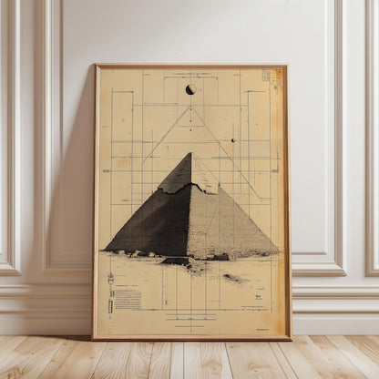 Egyptian Pyramid Poster – Vintage Blueprint Art Print | Sepia Wall Art