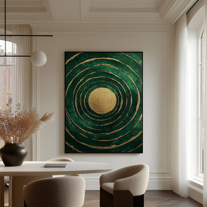 Emerald Gold Circle Canvas Art, Abstract Textured Painting, Modern Giclée Wall Art for Living Room or Office, Luxury Home Decor