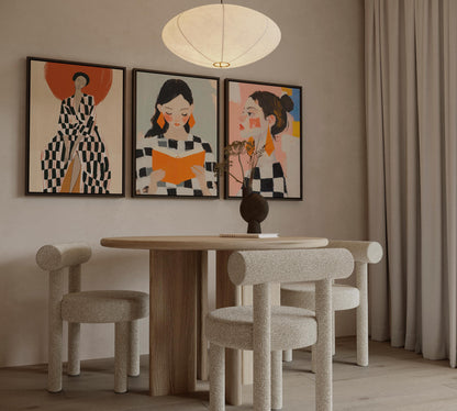Modern Figurative Canvas Wall Art Set of 3 Women Portrait Prints Bold Checkered Fashion Illustrations for Living Room or Bedroom