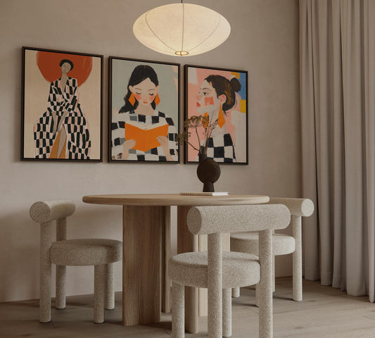 Modern Figurative Canvas Wall Art Set of 3 Women Portrait Prints Bold Checkered Fashion Illustrations for Living Room or Bedroom