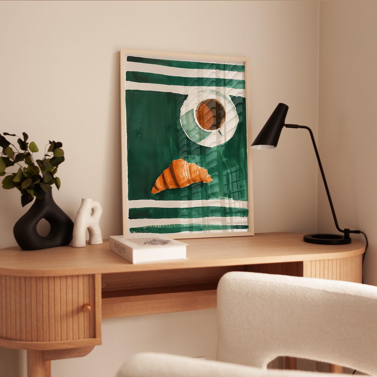 Coffee and Croissant Poster - Cozy Kitchen Wall Art With Emerald Green Stripes