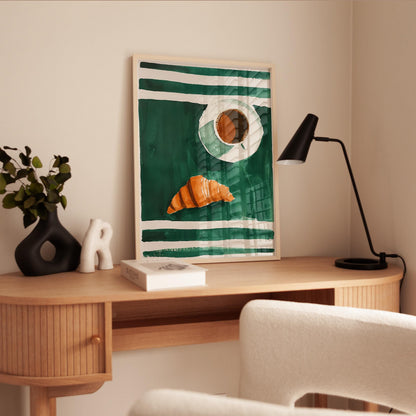 Coffee and Croissant Poster - Cozy Kitchen Wall Art With Emerald Green Stripes