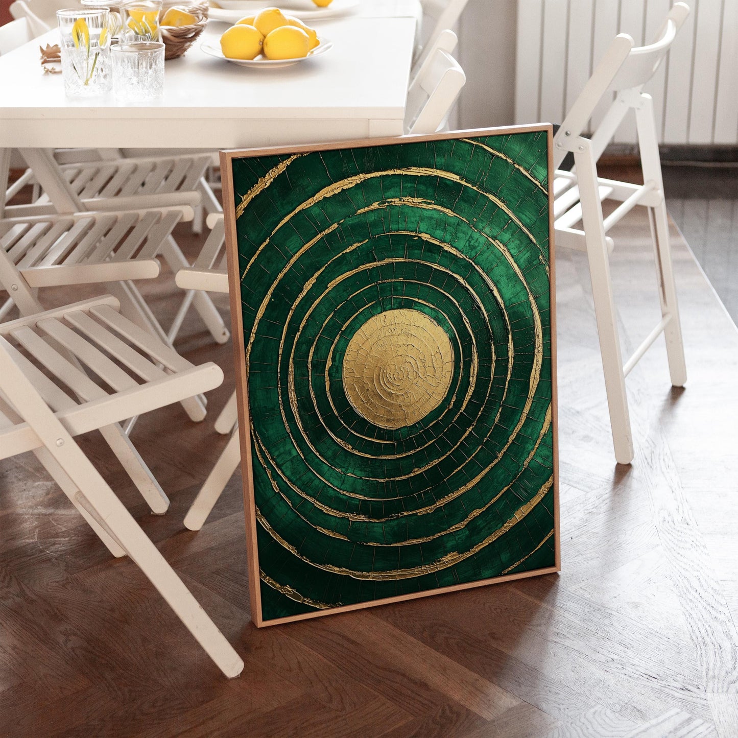 Emerald Gold Circle Canvas Art, Abstract Textured Painting, Modern Giclée Wall Art for Living Room or Office, Luxury Home Decor