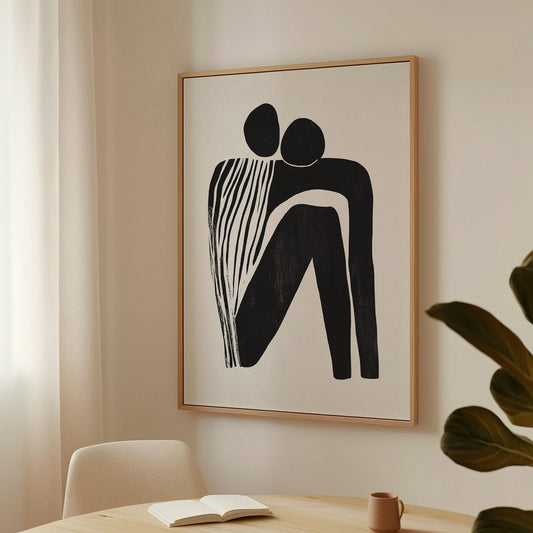 Abstract Canvas Wall Art Black and White Minimalist Couple Embrace Modern Figurative Framed Print