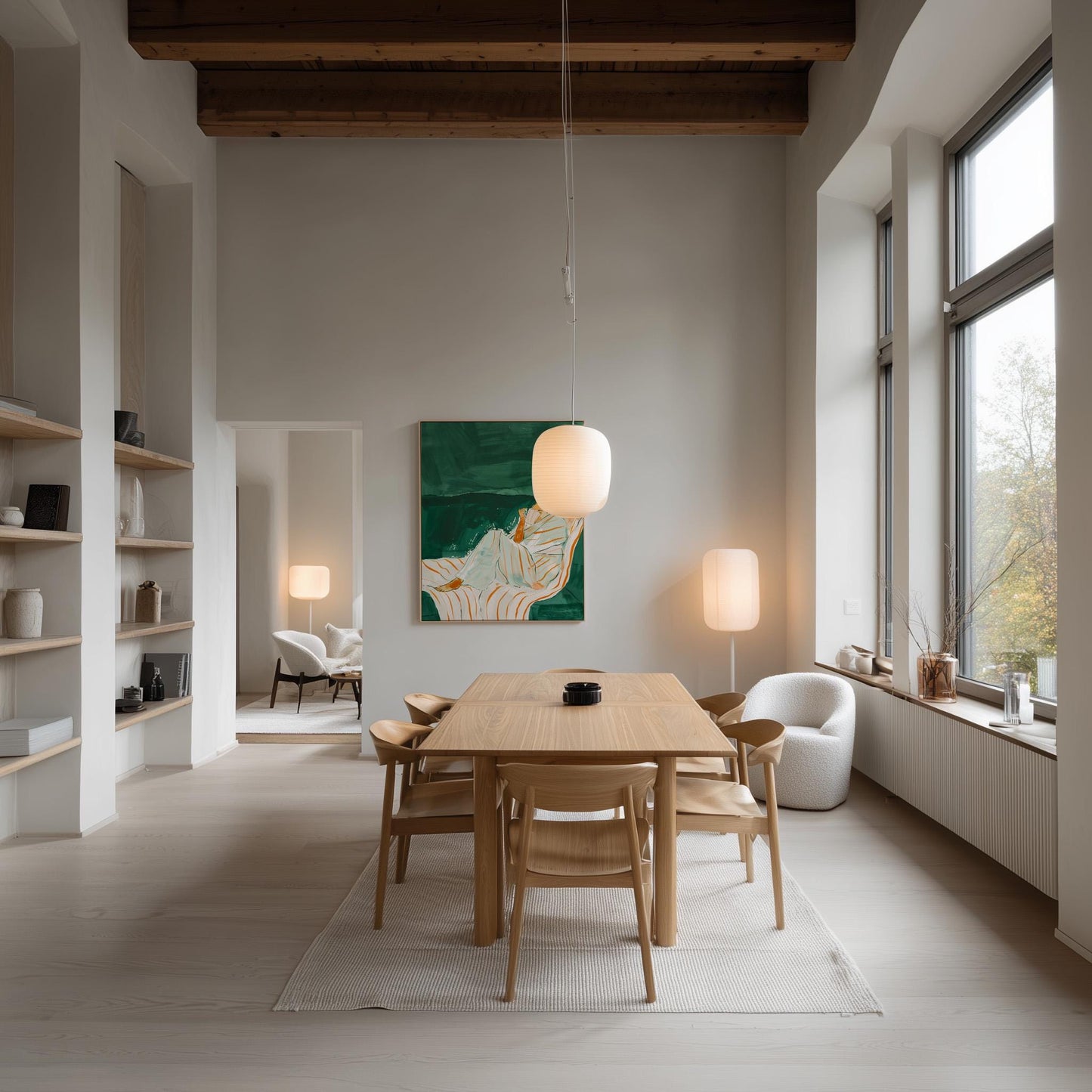 Woman Reading Wall Art Modern Canvas Print Relaxing Green Striped Chair Minimalist Home Decor for Bedroom Living Room