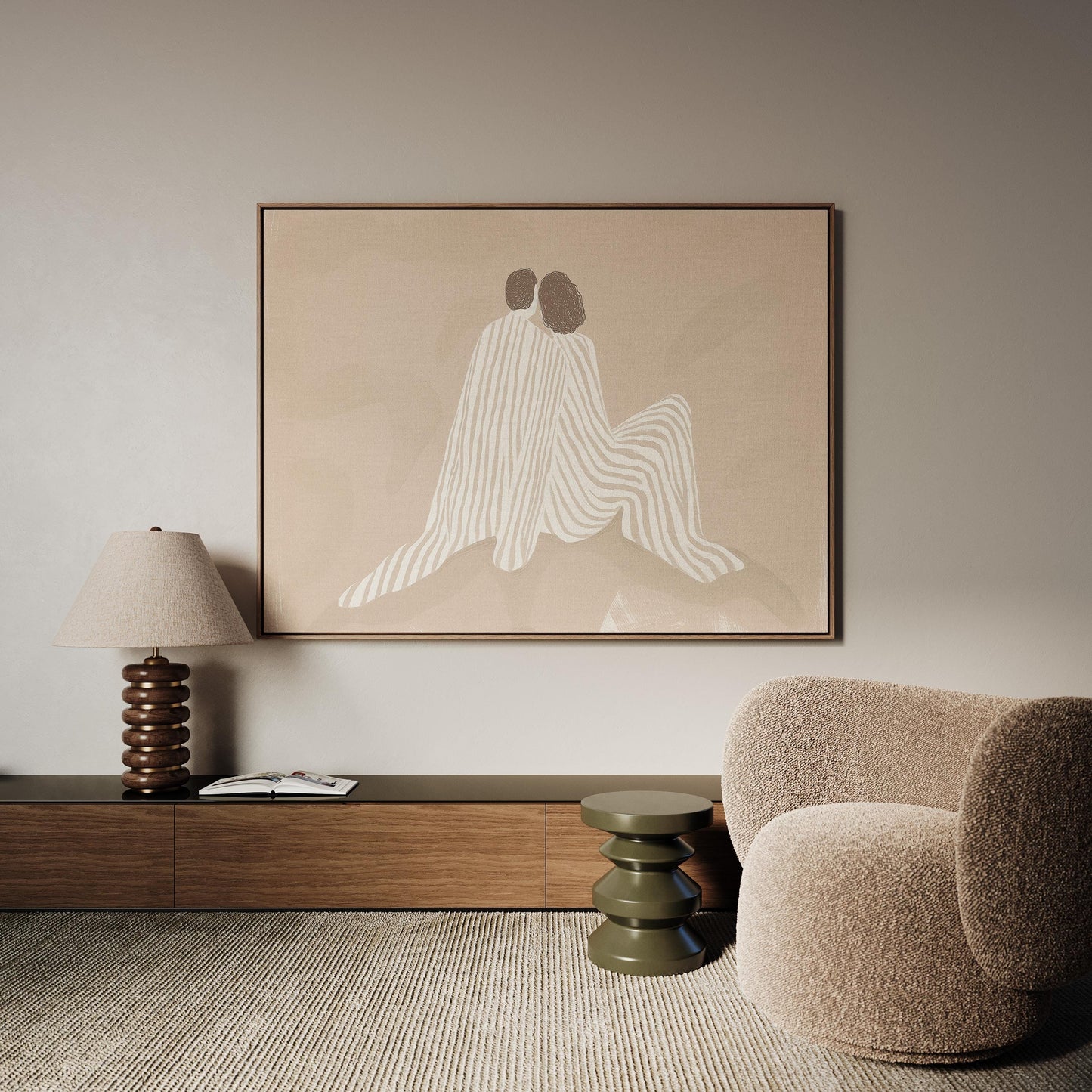 Giclée Canvas Print Beige Couple Embrace Line Art Minimalist Neutral Wall Decor for Bedroom or Living Room Modern Abstract Romance