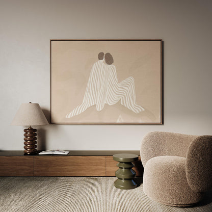 Giclée Canvas Print Beige Couple Embrace Line Art Minimalist Neutral Wall Decor for Bedroom or Living Room Modern Abstract Romance