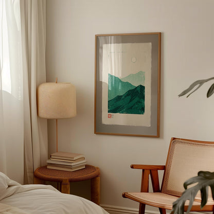 Japanese Woodblock Print – Mountain Landscape Art | Teal Green Minimalist Poster