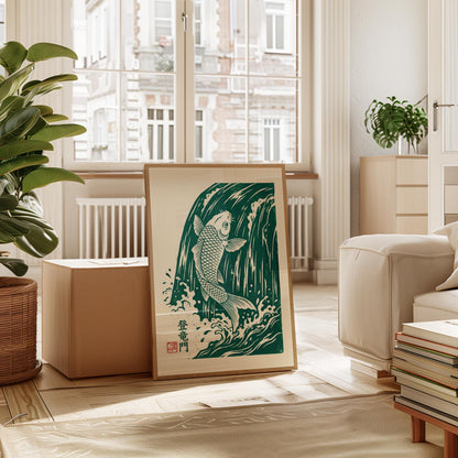 Japanese Koi Fish Print - Linocut Wall Art With Emerald Green Waves & Kanji