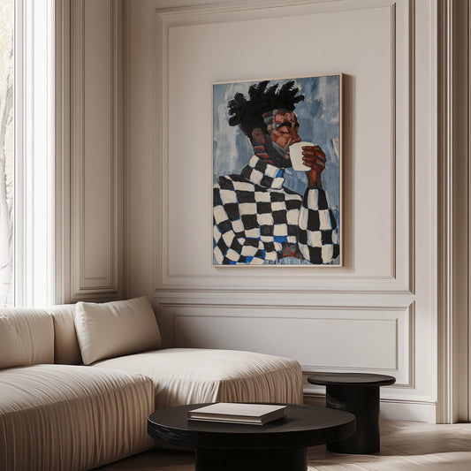 Modern Portrait of Man with Coffee Cup Abstract Wall Art Canvas Print Contemporary Artwork for Living Room Dining Room Office