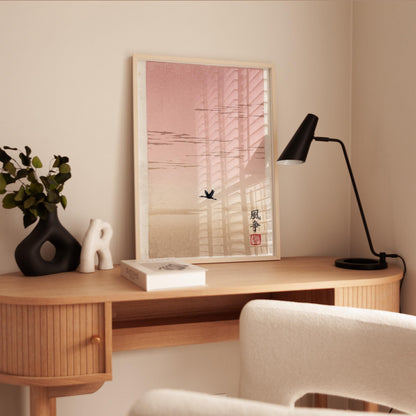 Bird Silhouette Poster - Japanese Art Print | Minimalist Pink Sky Wall Art