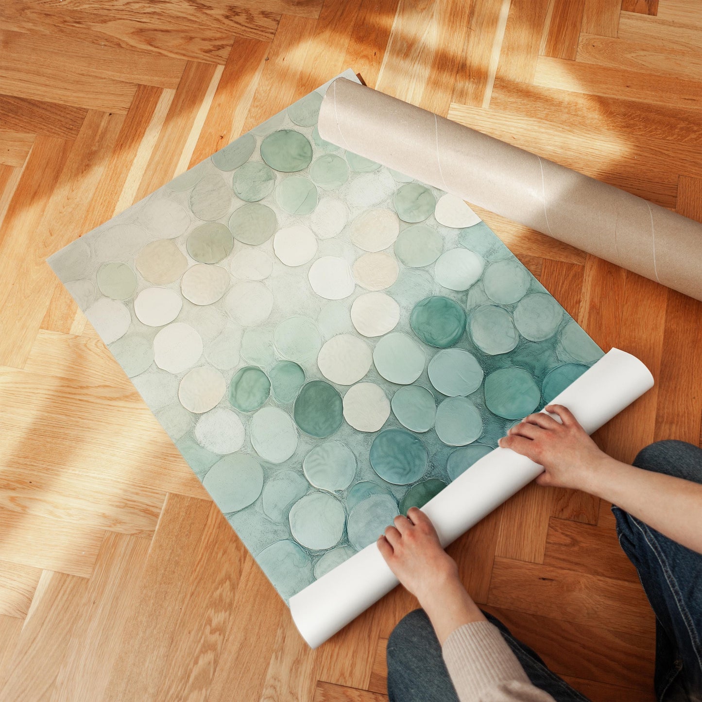 Abstract Circle Canvas - Japandi Wall Art With Green Beige Decor & Floating Wood Frame