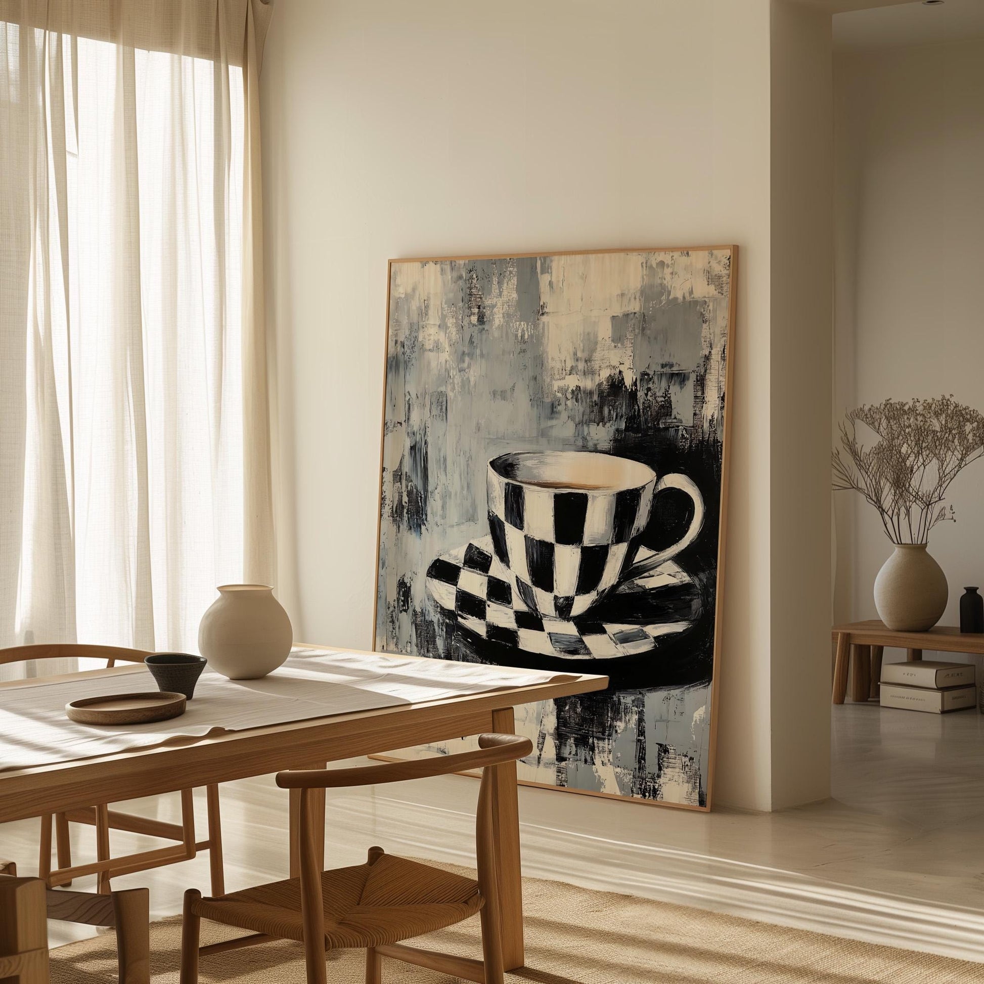 Kitchen Canvas Wall Art Black and White Checkered Coffee Cup and Saucer Modern Framed Painting