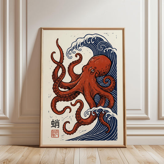 Octopus Art Print – Japanese Woodblock Print Coastal Wall Decor with Wave Art Poster