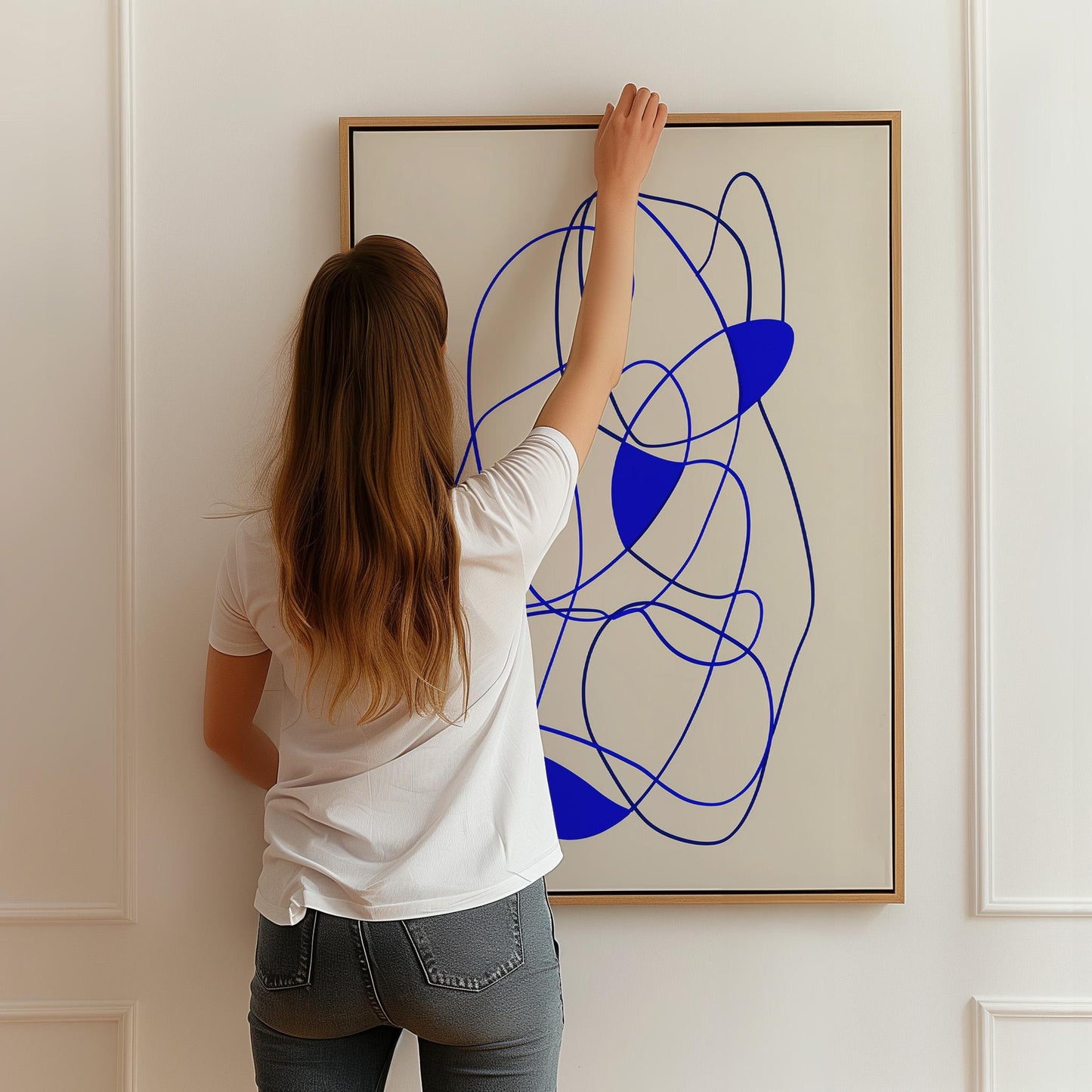 Modern Blue Line Abstract Giclée Canvas Print Minimal Continuous Flow Art for Contemporary Living Room or Office