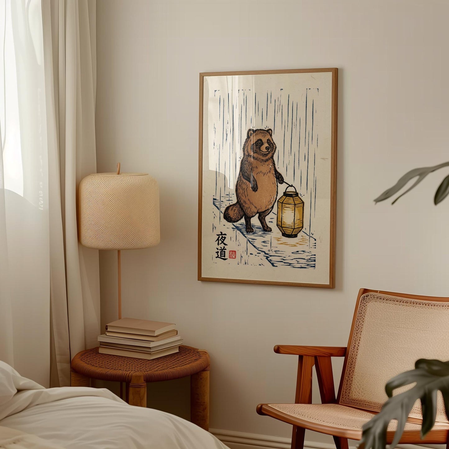 Tanuki Woodblock Print – Japanese Art Print with Night Road Lantern & Raccoon Dog