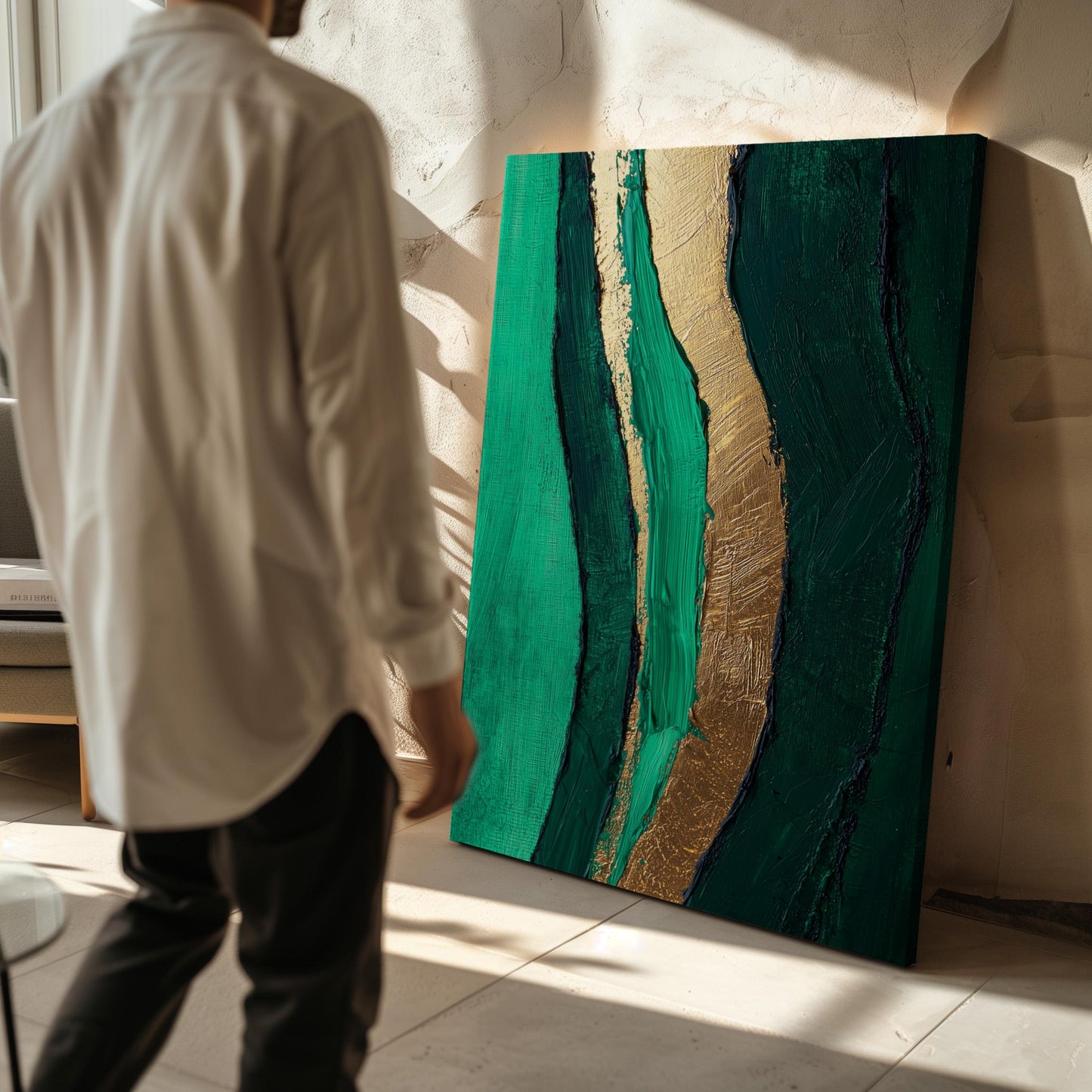 Emerald Green and Gold River Flow Canvas Print, Abstract Textured Giclée Wall Art for Modern Living Room or Bedroom