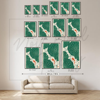 Koi Fish Print - Japanese Wall Art | Linocut Poster & Lotus Leaf Decor