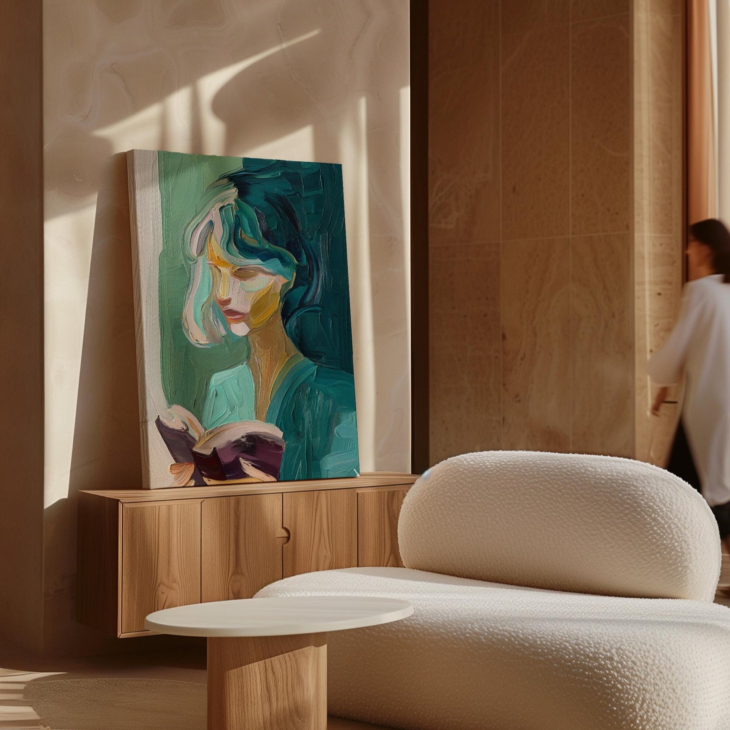 Abstract Figurative Canvas Wall Art – Modern Portrait of Woman Reading Giclée Print with Floating Frame