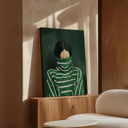 Woman Turtleneck Canvas | Modern Green Portrait on Cotton Canvas Print - Floating Wood Frame