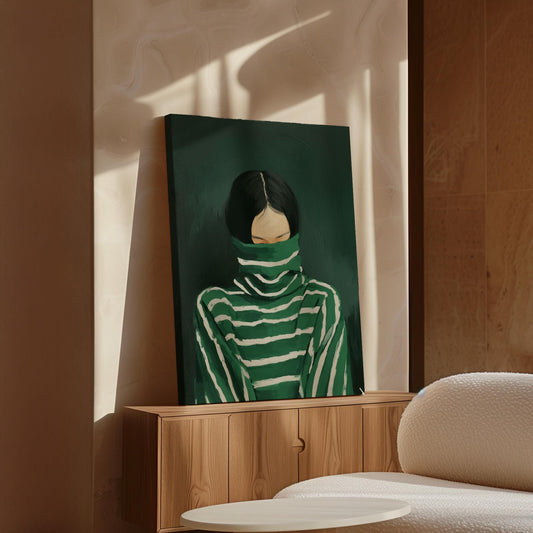 Woman Turtleneck Canvas | Modern Green Portrait on Cotton Canvas Print - Floating Wood Frame