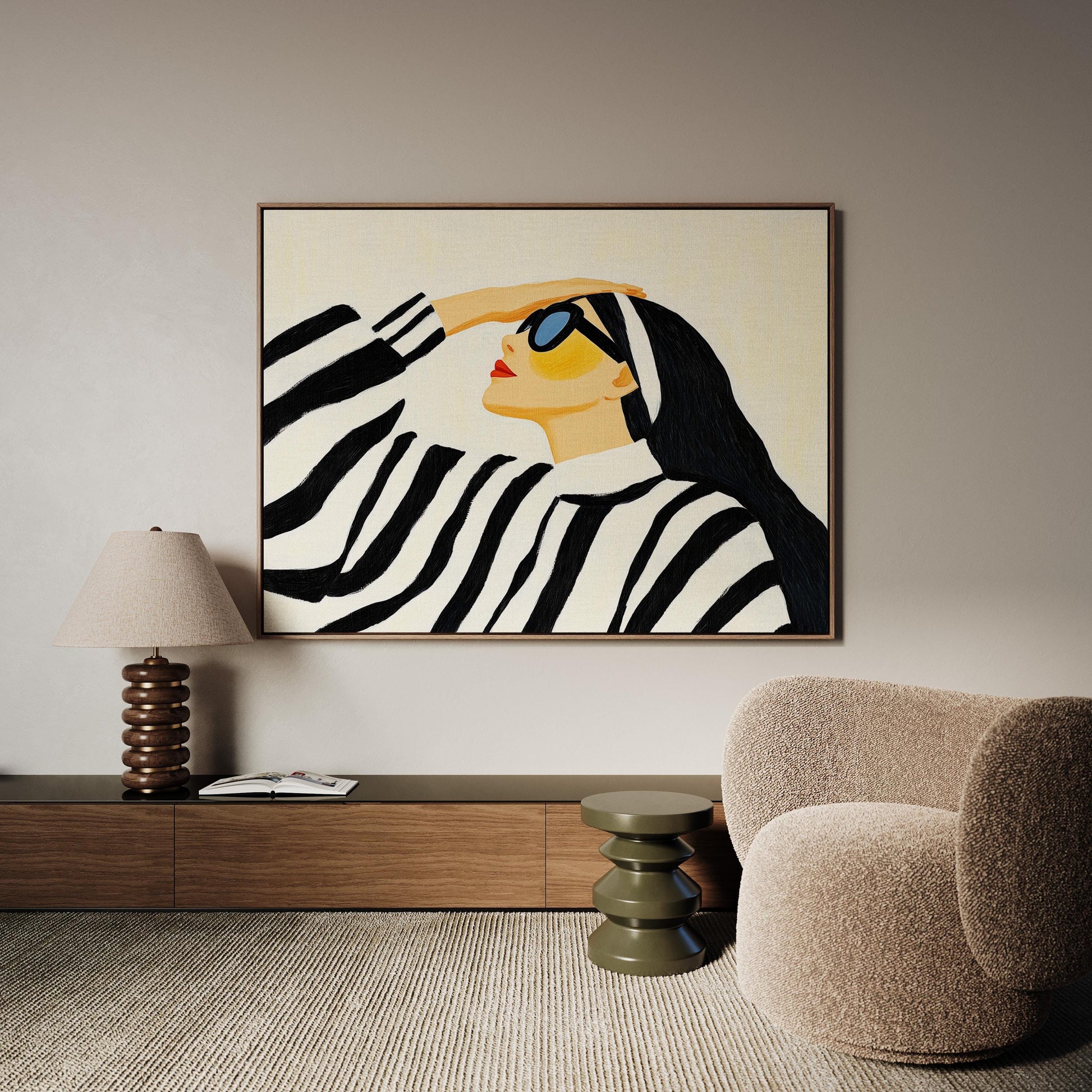 Stylish Woman in Striped Sweater Giclée Canvas Print Modern Fashion Wall Art for Living Room or Bedroom