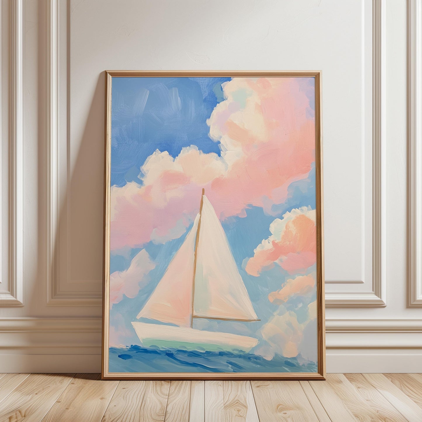 Sailboat Art Print – Nautical Wall Art With Soft Pastel Sky & Calm Ocean Scene