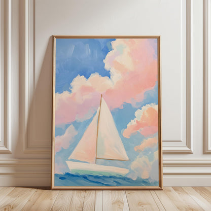 Sailboat Art Print – Nautical Wall Art With Soft Pastel Sky & Calm Ocean Scene