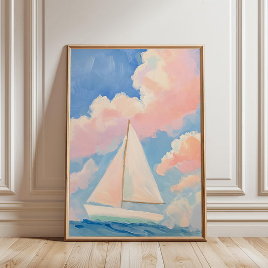 Sailboat Art Print – Nautical Wall Art With Soft Pastel Sky & Calm Ocean Scene