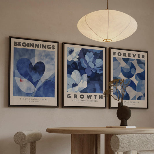 Blue Love Canvas Wall Art Set of 3 Romantic Abstract Prints Beginnings Growth Forever Anniversary Artwork for Bedroom or Living Room