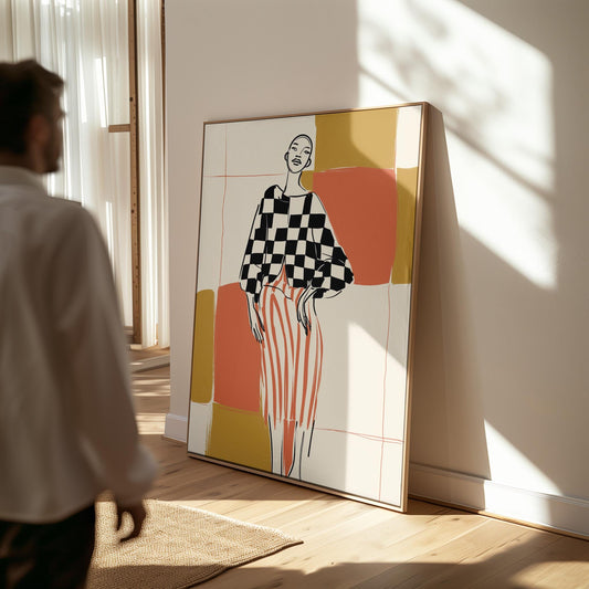 Modern Fashion Line Art Canvas Wall Art with Checkerboard and Stripes Abstract Print for Living Room or Bedroom Decor