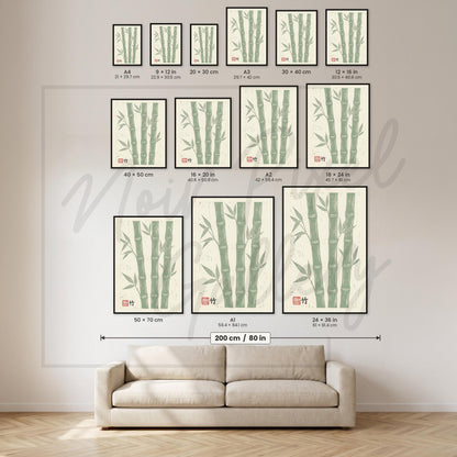 Zen Bamboo Linocut Print – Japanese Botanical Art | Sage Green Minimalist Nature