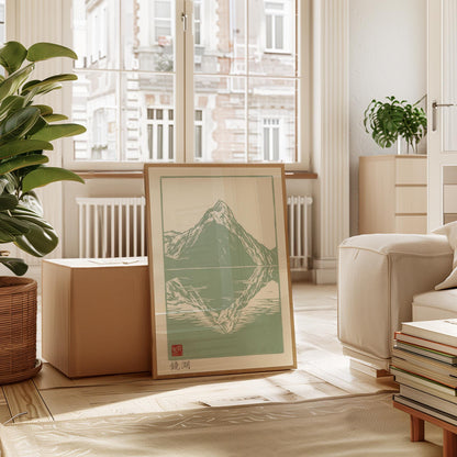 Japanese Woodblock Print - Mountain Wall Art | Sage Green Poster for Zen Home Decor