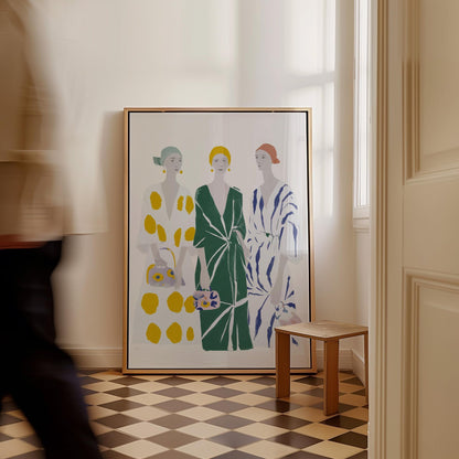 Figurative Canvas Wall Art Three Women in Patterned Dresses with Green Yellow and Blue Frame